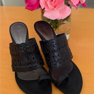 Nine West Black Woven Leather Toe-Loop Slide Mules